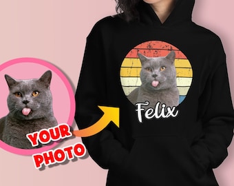 Custom Cat Vintage Hoodie, Cat Photo Retro Sunset Hoodie, Personalized Cat Owner Hoodie, Gift for Cat Mom or Dad, Hoodie with Cat's Picture
