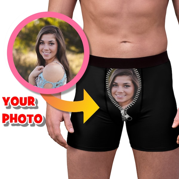 Custom Face on Men's Boxer, Your Photo on Personalized Underwear, Boyfriend's Gift for Wedding Anniversary, Customized Photo Zipper Brief