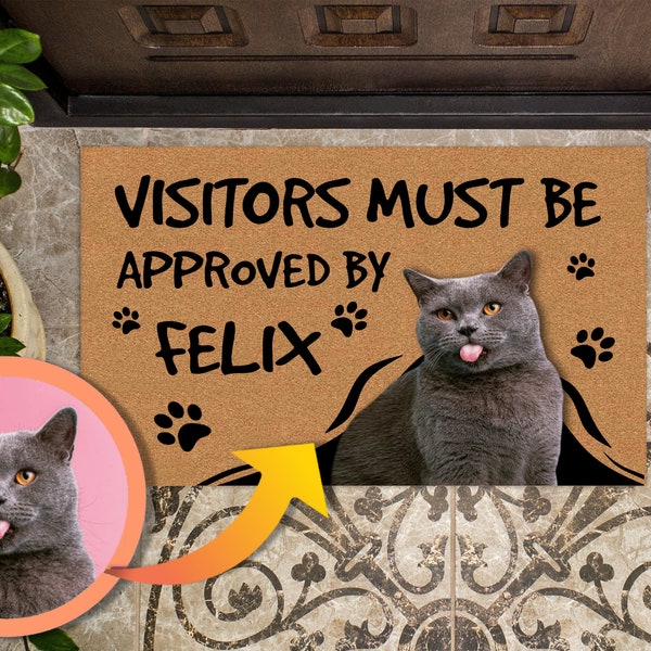 Divertido felpudo personalizado para gatos, los visitantes deben ser aprobados por Cat Door Mat, regalo personalizado para amantes de los gatos, imagen de cara de gato en el tapete, Navidad
