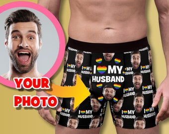 Custom I love my Husband Boxer Briefs, Personalized Gay Couple Face Photo Underwear, LGBT Husband Gift for Valentine's Day, Funny Gay Trunks