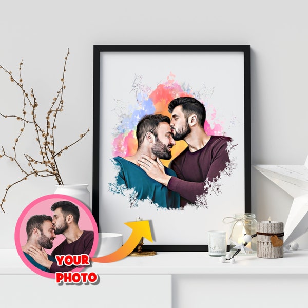 Custom Gay Couple Portrait, Gay Wedding Gift, Homosexual Anniversary Gift, Personalized LGBT Valentine's Day Engagement Gift, Framed Photo