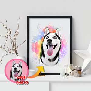 Custom Siberian Husky Dog Photo Portrait, Personalized Watercolor Husky Digital Art, Husky Lover Artwork, Dogs Drawing Wall Art Frame