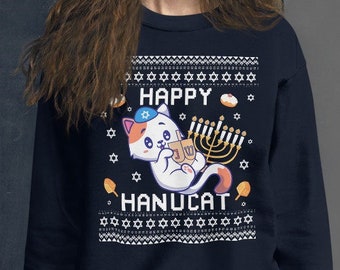 Happy Hanucat Sweater, Funny Cat Hanukkah Sweater, Hanukkah Gift for Cat Owners, Jewish Cat with Kippah, Hanuka Cat Dreidel Ugly Sweatshirt