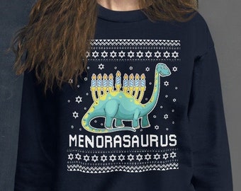 Menorasaurus Hanukkah Ugly Sweater, Dinosaur Menorah Sweatshirt, Dino Hanukkah Sweater, Hanukkah Gift for Dinosaur Lovers, Jewish Dinosaur