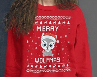 Wolf Ugly Christmas Sweater, Wolf Xmas Sweatshirt, Wolf Christmas Gift, Merry Wolfmas, Wolf Jumper Holiday Gift, Wolves Lover Gift