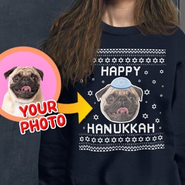 Pull moche joyeux Hanoucca, pull de Hanoucca drôle avec photo de chien, cadeau personnalisé de Hanoucca pour propriétaire de chien, sweat-shirt personnalisé Hanouka kippa pour chien