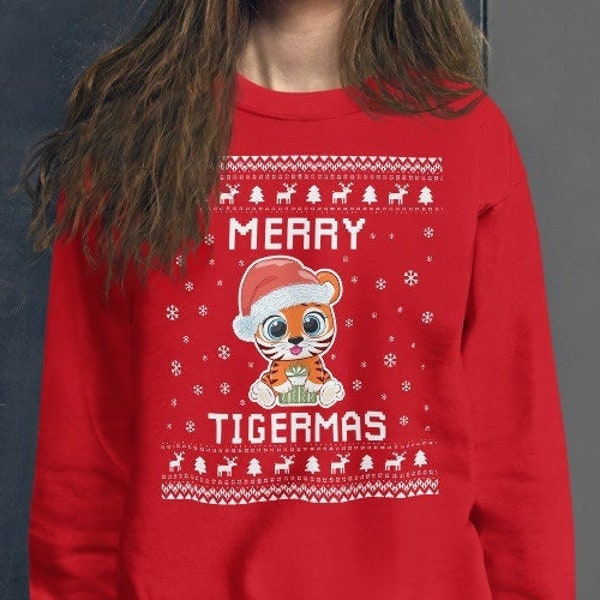 Tiger Ugly Christmas Sweater, Tiger Xmas Sweatshirt, Tiger Christmas Gift, Merry Tigermas, Tiger Jumper Holiday Gift, Tiger Lover Gift 2024