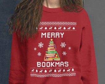 Book Christmas Sweater, Book Lover Ugly Xmas Sweatshirt, Bookworm Christmas Gift, Merry Bookmas, Librarian Jumper Holiday Gift, Book Nerd