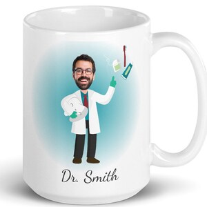 Gepersonaliseerde tandarts cartoon op mok, aangepaste tandarts karikatuur portret cadeau, grappig tandheelkundige cadeau, tandheelkunde afstudeercadeau, mok mannelijke tandarts