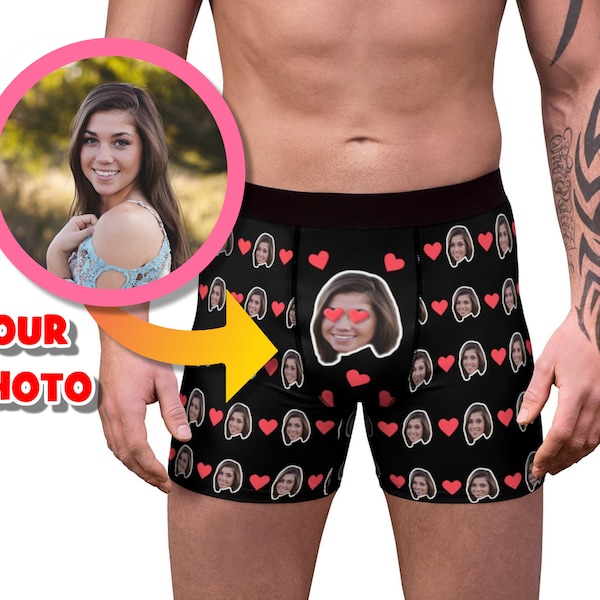 Custom Face Photo on Underwear, Wedding Anniversary Gift for Boyfriend, Personalized Face on Men's Boxers, Hearts Briefs, Husband Undies