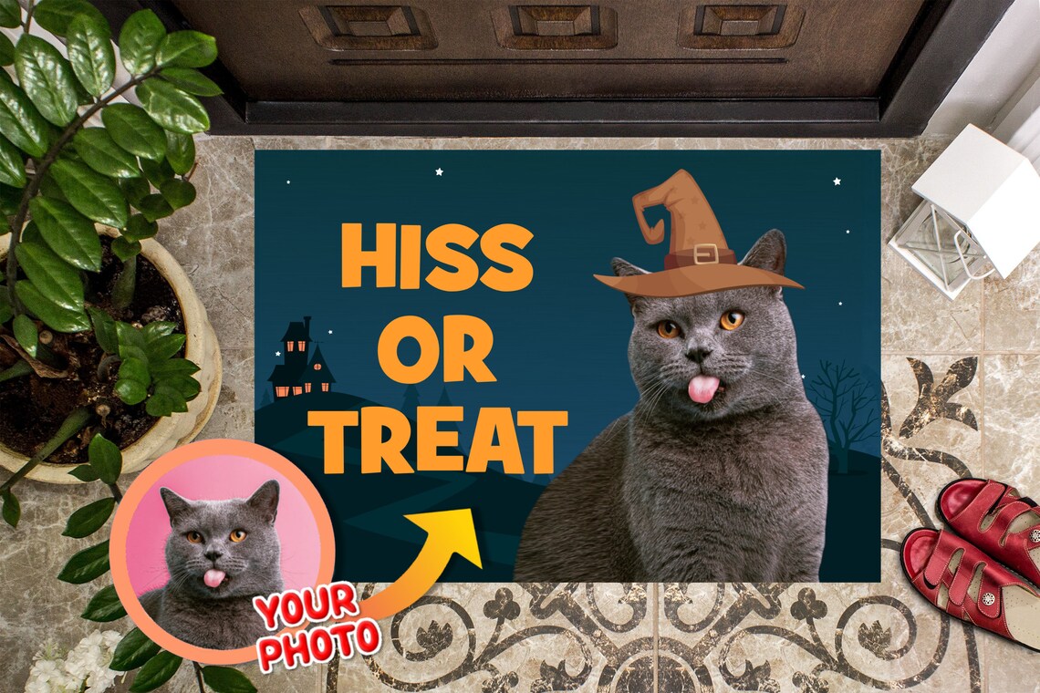 Personalized Halloween Cat Photo Door Mat Funny Halloween image 1