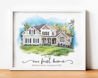 Personalized Watercolor House Portrait, Custom Watercolor House Painting, Housewarming Gift, Realtor Closing Gift, First Home Canvas Poster