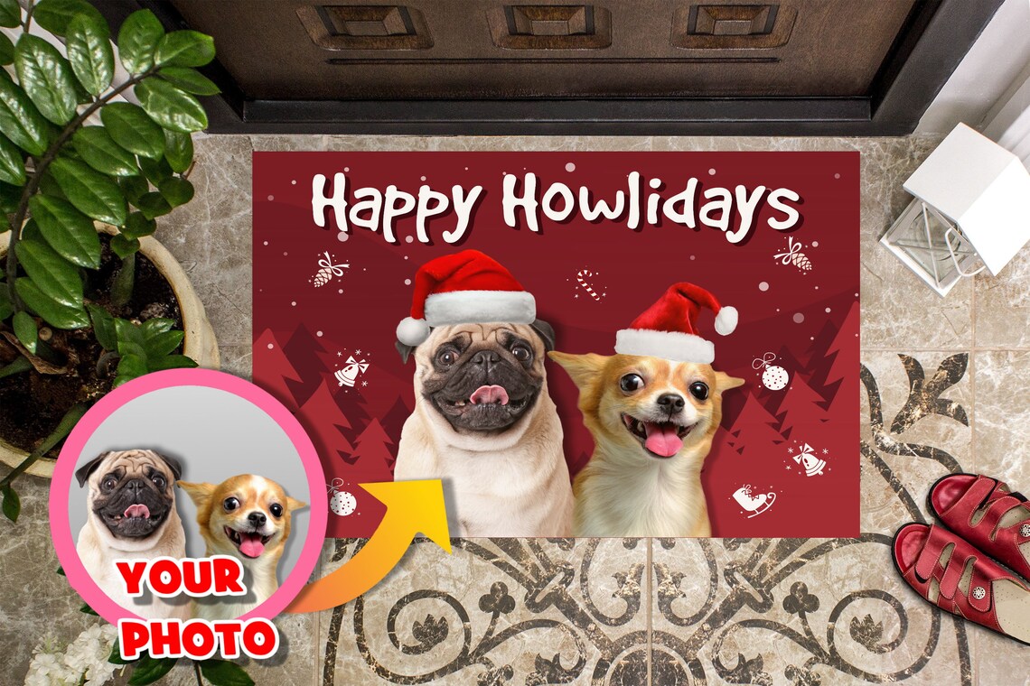 Custom Dog Picture Christmas Doormat Happy Holidays Welcome image 1