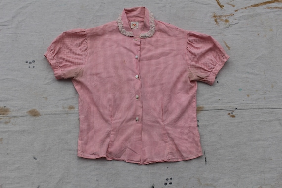 1940s XS S Fruit of the Loom Cotton Gingham Blouse
