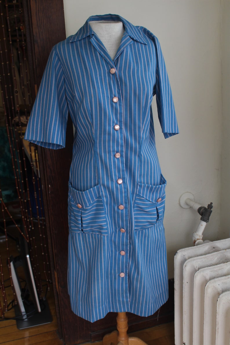 Pockets Cotton Day Dress Dan Rivers Fabrics 40s 50s Med Large Dee Dee by Decatur House Dress Striped