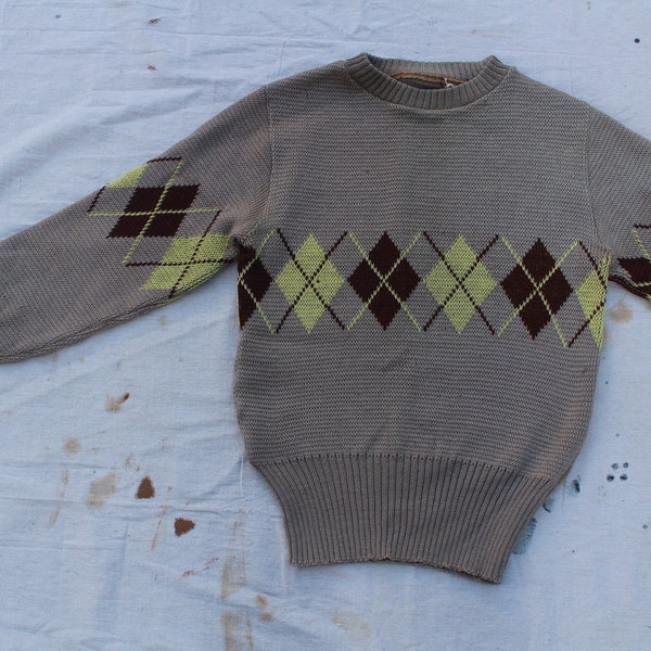 Vintage 40s Small Medium Argyle Pullover Long Sleeve Ribbed Sweater Beige Brown Yellow