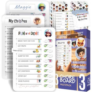 May include: A multi-pack chore board set with three boards, each featuring a child's name and a list of tasks. The boards include stickers and a gift box. The text "FUN and DONE" is visible on one board.