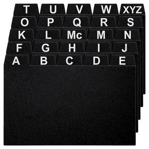 May include: Black alphabetical index dividers for a filing system. The dividers are labeled with letters from A to XYZ.