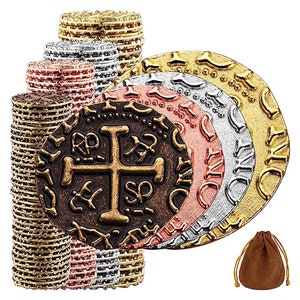 Metal Pirate Coins - Bronze, Silver, Gold & Rose Gold Treasure Coin Set, Spanish Doubloons for Board Games, Tokens, Cosplay - Mixed Sizes