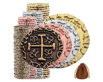 Metal Pirate Coins - Bronze, Silver, Gold & Rose Gold Treasure Coin Set, Spanish Doubloons for Board Games, Tokens, Cosplay - Mixed Sizes
