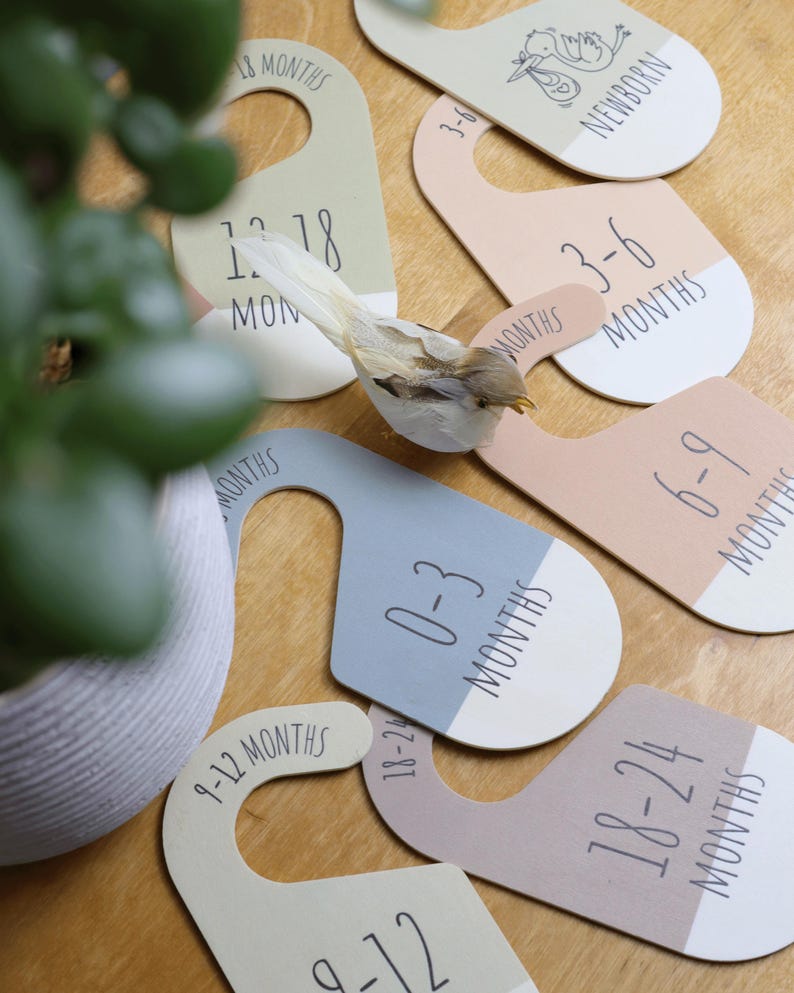 May include: Set of ten wooden hangers with different age ranges printed on them, from newborn to 18-24 months. The hangers are painted in various pastel colors, including light blue, light green, and light pink. Each hanger has a hook at the top and a cut-out shape in the middle.