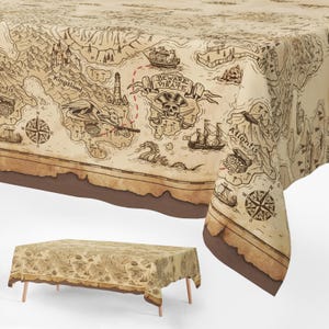 Table Cloth for Rectangle Table – Plastic Table Cloth Disposable Map for Party Decorations, Table Cover Treasure Chest & Pirate Accessories