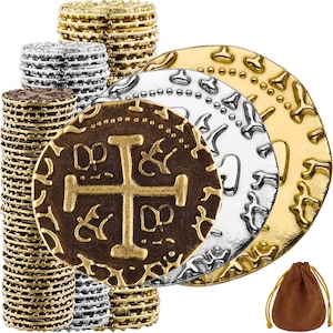 May include: A set of gold and silver coins with a brown leather pouch. The coins have intricate designs and are stacked in a pile.