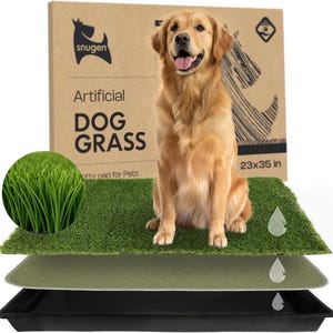 May include: A golden retriever sits on a green artificial dog grass potty pad. The pad is 23x35 inches and has a three-layer design. The packaging reads "Artificial Dog Grass" and includes a graphic of a dog.