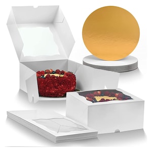 DELIHIDE 12 Front-Loading Cake Boxes with Boards - White and Gold Greaseproof Cake Boards & White Cake Boxes 10&quot; - Premium Baking Supplies