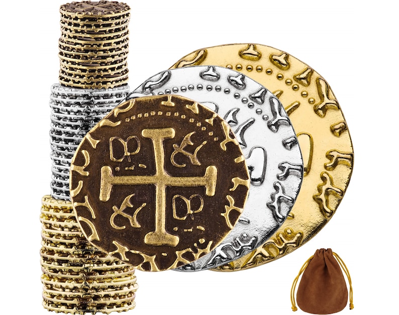 May include: A stack of gold and silver coins with a brown coin featuring a cross in the center. The coins are in a brown pouch.