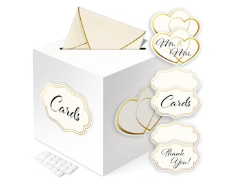 Caja blanca para tarjetas de boda con pegatinas y ranura grande para tarjetas. Ideal para bodas, cumpleaños, baby showers y graduaciones. 20 x 20 cm.