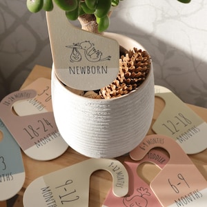 May include: A set of wooden baby milestone hangers with a neutral color palette. The hangers are decorated with illustrations of a stork, a whale, and numbers. The hangers are labeled with different age ranges, including newborn, 3-6 months, 6-9 months, 9-12 months, 12-18 months, 18-24 months, and toddler.