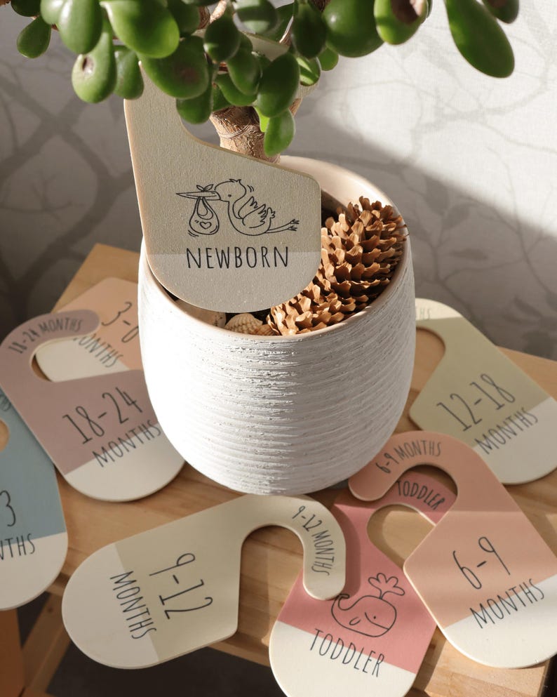 May include: A set of wooden baby milestone hangers with a neutral color palette. The hangers are decorated with illustrations of a stork, a whale, and numbers. The hangers are labeled with different age ranges, including newborn, 3-6 months, 6-9 months, 9-12 months, 12-18 months, 18-24 months, and toddler.