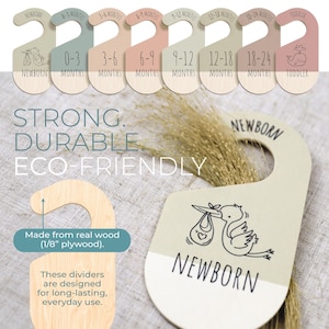 May include: A set of eight wooden closet dividers for organizing baby clothes. The dividers are labeled with age ranges from newborn to toddler. The dividers are made from real wood and are eco-friendly.  The dividers are designed for long-lasting, everyday use.