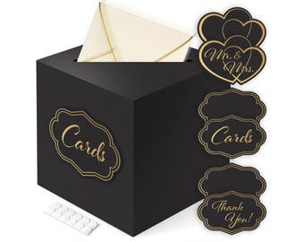 Black Wedding Card Box with Cards Stickers & Large Box Slot, Gift Card Box for Weddings, Birthdays, Baby Showers, Graduation Parties 8x8"