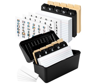 OFFILICIOUS Index Card Holder 3x5 Set with Dividers – 100 Index Cards, 25 Manila Dividers, 25 Plastic Dividers, 72 Stickers & 5 Box Labels