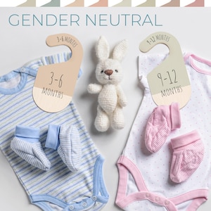 May include: Two baby onesies, one blue with white stripes and one pink with white polka dots, with matching booties. The onesies have wooden hangers with size labels that say "3-6 months" and "9-12 months". The text "GENDER NEUTRAL" is written above the onesies.