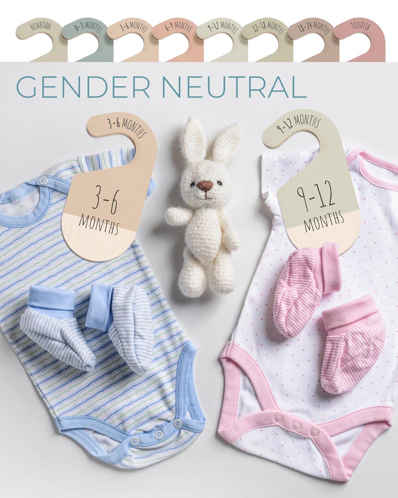 May include: Two baby onesies, one blue with white stripes and one pink with white polka dots, with matching booties. The onesies have wooden hangers with size labels that say "3-6 months" and "9-12 months". The text "GENDER NEUTRAL" is written above the onesies.