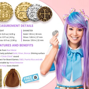 May include: Four gold, silver, and bronze coins with a cross design. The coins are 1.18 inches (30 mm), 1.06 inches (27 mm), and 7/8 inches (22 mm) in diameter. The coins are made from real metal and have a shiny surface. The coins are perfect for board games, like Dungeons and Dragons, Puerto Rico, and other games. The coins are also detectable by a metal detector. The coins are packaged in a brown pouch with a drawstring.