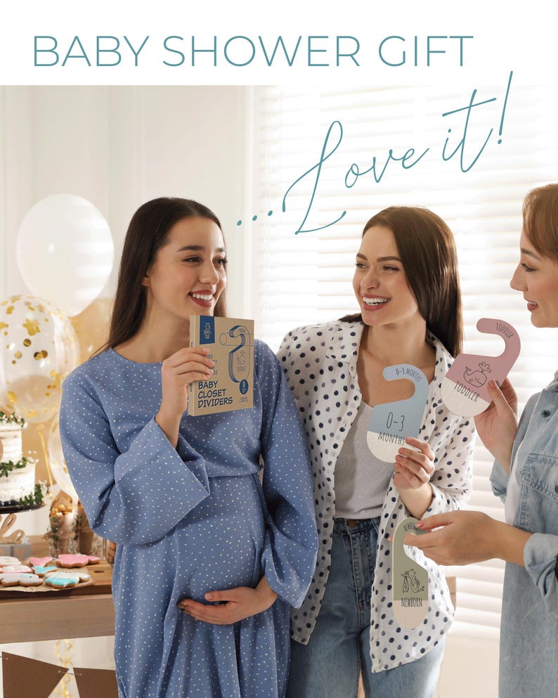 May include: Three women at a baby shower, one is pregnant and holding a book titled "Baby Closet Dividers", the other two are holding pink and blue closet dividers with different age ranges printed on them, such as "0-3 Months", "Toddler", and "Newborn".