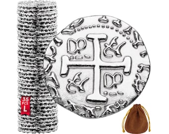 Metal Pirate Coins - 35 Silver Treasure Coin Set, Spanish Doubloons Replica for Board Games & Cosplay - Pirate Treasure Chest, Size 1.06"