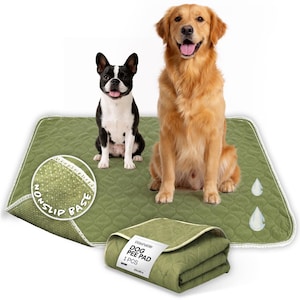 May include: A green dog pee pad with a white border, featuring two dogs: a black and white Boston Terrier and a golden retriever. The pad has a non-slip base and a folded pad with a label that reads "DOG PEE PAD".