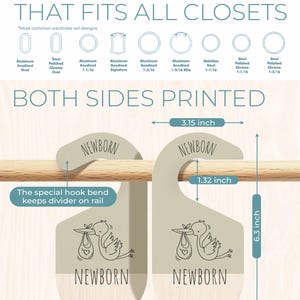 May include: A set of two beige fabric closet dividers with a stork carrying a baby graphic and the word "NEWBORN" printed on each side. The dividers are designed to fit standard closet rods and have a special hook bend to keep them in place. The dividers measure 6.3 inches tall, 3.15 inches wide, and 1.32 inches deep.