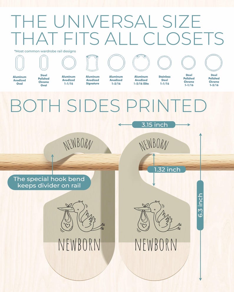 May include: A set of two beige fabric closet dividers with a stork carrying a baby graphic and the word "NEWBORN" printed on each side. The dividers are designed to fit standard closet rods and have a special hook bend to keep them in place. The dividers measure 6.3 inches tall, 3.15 inches wide, and 1.32 inches deep.
