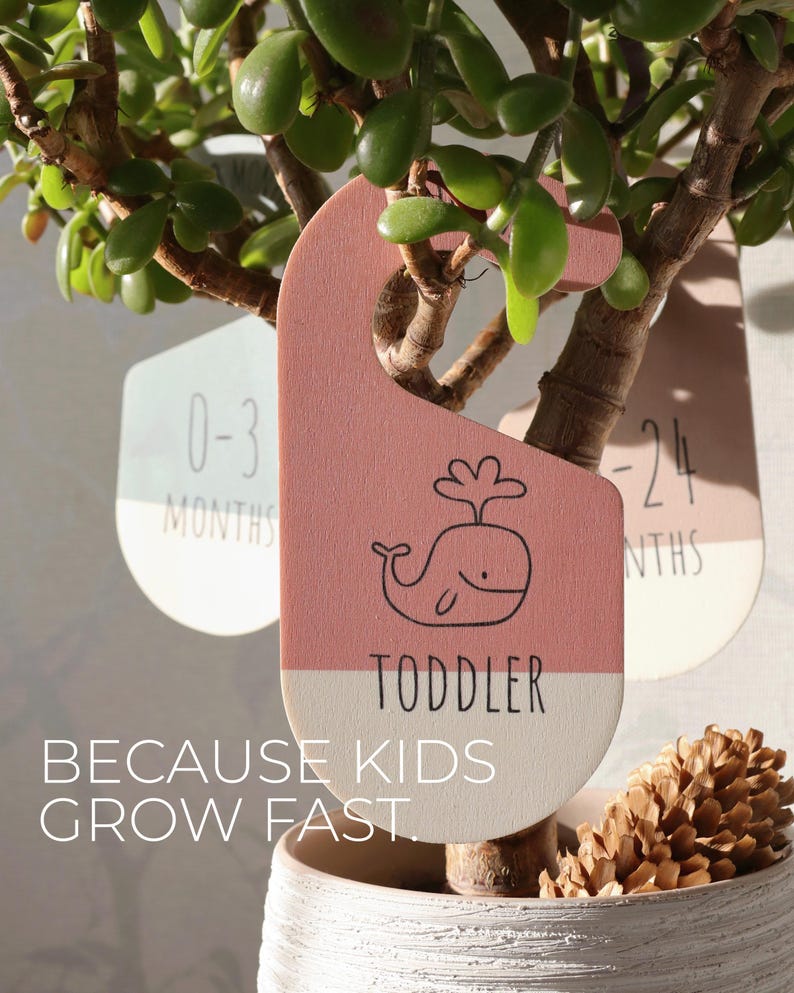 May include: A set of three wooden growth chart hangers with a whale design. The hangers are painted in pink, green, and white. The text on the hangers reads "0-3 Months", "Toddler", and "12-24 Months". The text "Because Kids Grow Fast" is printed below the hangers.
