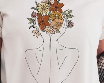 Floral Line Art T-Shirt: Minimalist Woman, Boho Botanical Tee