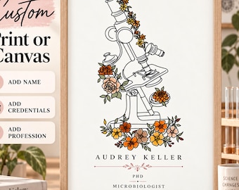 May include: A framed print featuring a black line drawing of a microscope adorned with orange, yellow, and peach flowers. Below the illustration, the text reads AUDREY KELLER, PHD, MICROBIOLOGIST, with decorative floral line accents.