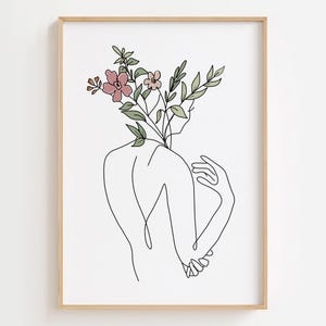Woman with Flower Head Line Art Print: Abstract Female Back (Digital Download)