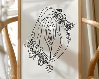 Könnte beinhalten: Ein gerahmter Kunstdruck mit einer schwarzen Strichzeichnung einer Vulva, umgeben von floralen Elementen auf weißem Hintergrund. Das Kunstwerk befindet sich in einem hellen Holzrahmen. Der Text MetisArt steht in der unteren rechten Ecke.