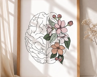 Floral Brain Anatomy Art Print for Psychologist, Therapist and Psychiatry Office